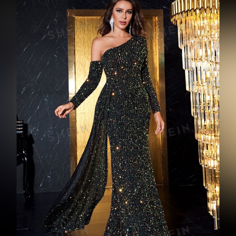 Black asymmetrical long sequin dress with sleeve size medium